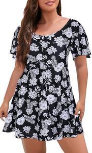 ECUPPER Womens One Piece Swimsuit with Sleeves Plus Size Swim Dress Modest Tummy Control Skirt Bathing Suit Built in Shorts Black Flower