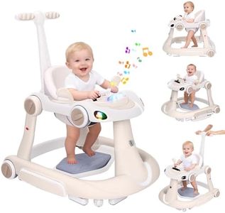 Baby Walker, 4-in-1 Baby Walker with Wheels Portable, Foldable Infant Toddler Walker for Boys Girls 6-18 Month,Removable Footrest,Car Steering Wheel & Music, Adjustable Push Walker Pink, Beige