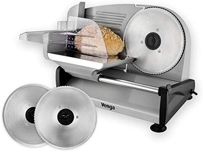 Venga! Electric Food Slicer, 1 Serrated Blade For Bread, 1 Smooth Blade for Cooked meats and Vegetables, thickness adjustment from 0 to 15mm, 200W, Stainless Steel, VG AS 3005 BS