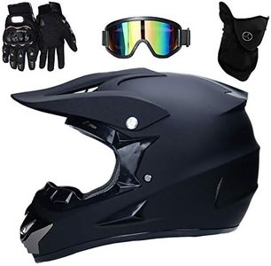 UIGJIOG Nero Opaco Casco Cross E Off Road Per Bambini Motocross, Omologato DOT, Motocross Casco Con Fodera Rimovibile, Moto Bici Bicicletta Casco + Guanti+ Occhiali,A,S(52~53cm)