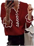 MakeMeChic Women's Pearl Beaded Long Sleeve Sweater V Neck Ruffle Trim Knitted Pullover Tops Red and White Small