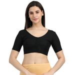 100% Cotton Saree Blouse(Bra Size Fitting) Front Open with Hook,Extra Stitch Margin Inside Side Seam Half Sleeve, Solid Colour 23 Black - Size (36)