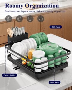 Kitsure Large Dish Drainer Rack – Black, Countertop Drying Organizer