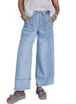SHEWIN Women's Jeans Casual Wide Leg High Elastic Drawstring Jeans for Women 2025 Summer Fashion Beau Blue Size 14