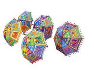 ea ekam art Ekam Art Rajasthani Handmade Elephant Design Embroidery Sun Protection Umbrella Walking Stick Parasol Wedding Party Decoration Items (Set Of 5) Multi