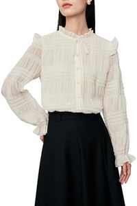Ginasy Womens Long Sleeve Shirt Button Down Blouses for Lady Business Casual Clothes Office Outfits Sequin Tops Ruffle Neck Beige