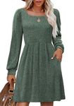 Jescakoo Fall Sweater Dresses Women - Women Long Sleeve Dress Square Neck Casual Babydoll Dress with Pockets Green L