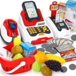 High Trusted Plastic Happy Cash Register with Checkout Scanner,Fruit Card Reader, Credit Card Machine Play Money and Food Shopping Play Set for Kids.