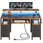 Seventable Computer Desk 47.2" with LED Lights & Power Outlets, Home Office Desk with 4 Drawers, Writing Desk with Keyboard Tray, Study Desk with Monitor Stand, Work Desk for Home Office, Rustic Brown