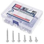 Belle Vous Stainless Steel #8 Assortment TEK Self Drilling Screws (200 Pack) - 6 Size Hex Washer Head Kit - Self Tapping Roof Sheet Metal, Wood, Building & Construction Screw Set