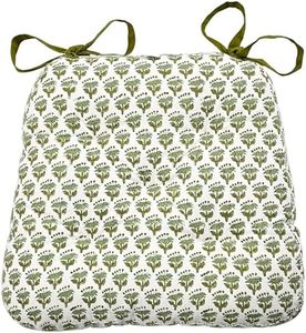 CPC Emerald Green Hand Block Printed Cotton Chair Cushions Set of 2,Reversible Outdoor/Indoor Chair Pads for Kitchen, Dining Room, Office, Patio Chairs, 16"x15"x4"