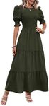 BTFBM Summer Maxi Dresses for Women 2024 Casual Crew Neck Ruffle Short Sleeve Smocked Tiered Flowy Modest Long Dress(Solid Army Green, Large)