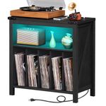 Large Record Player Stand with Charging Station & LED Lights, Black Vinyl Record Storage Holder Holds up to 230 Albums, Turntable Stand with Display Shelf for Music Room Bedroom Living Room.