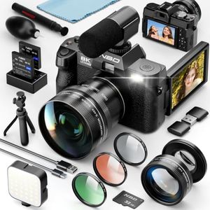 8K 64MP Digital Cameras for Photography,16X Zoom,3 Color Filters,Dual-Lens | 180°Flip Screen，WiFi,Microphone, Tripod, Wide & Macro Lens Kit,2 Batteries, 32GB TF Card,Vlogging and Travel,Beginners