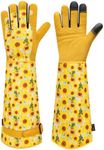 DLY Gardening Gloves for Women, Rose Gloves Gardening Thorn Proof, Long Garden Gloves for Women, Breathable Cowhide Leather Gauntlet (Large, Yellow