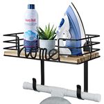 TJ.MOREE Ironing Board Hanger Wall Mount - Laundry Room Iron and Ironing Board Holder with Large Storage Wooden Base Basket and Removable Hooks (Black)