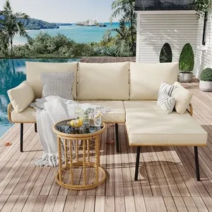 GarveeLife 3 Piece Rattan Patio Furniture Set, Outdoor Wicker Sectional L-Shaped Sofa with Cushion and Coffee Table, All Weather Conversation Set for Deck, Poolside, or Backyard