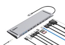 13-in-1 Triple Display USB C Docking Station with Dual 4K HDMI, VGA, Four USB Ports, an SD/TF Card Reader, 3.5 Microphone/Audio Port, RJ45 Ethernet, and USB C PD