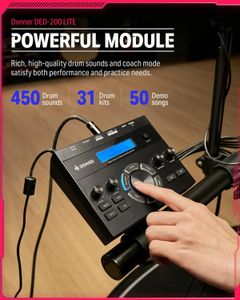 Donner DED-200 Lite Electronic Drum Kit – 450 Sounds, USB MIDI, Mesh Pads, Headphones, Sticks, 40 Lessons