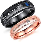 2pcs His and Her Matching Promise Rings for Couples Bridal Sets Balck Rose Gold Stainless Steel His Queen Her King Wedding Engagement Anniversary Band for Him and Her,Gift Box Package, Men Size 9 & Women 6, Stainless Steel,Rose Gold, botswana agate