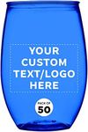 Custom Plastic Stemless Wine Glasses 16 oz. Set of 50, Personalized Bulk Pack - BPA Free, Great for Outdoor Lounges, Poolside, Parties and Other Events - Blue