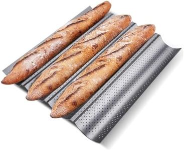 KITESSENSU Nonstick Baguette Pans for French Bread Baking, Perforated 4 Loaves Baguettes Bakery Tray, 15" x 13", Silver