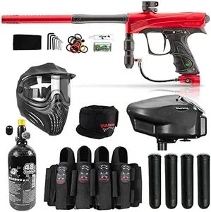 Maddog Dye Rize CZR Full Auto Paintball Gun Marker w/ 48/3000 HPA Tank, Empire Halo Too Loader, Empire Helix Thermal Mask, Neck Protector, 4+3 Harness & (4) Pods Starter Package - Red/Black