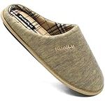 KuaiLu Mens comfort memory foam slippers Slip on House shoes cozy mule slippers with anti-slip indoor outdoor rubber sole Beige Size 8