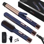 PARWIN PRO BEAUTY 3 In 1 Styling Set, 25mm Hair Straightener, 32mm Hair Curler, Hair Straightener Brush, -Detachable Power Cord, LED Temp Control, Rapid-Heat up, for Gift ＆ Travel, Prussian Blue