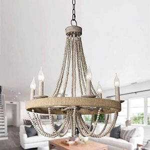 Farmhouse Beaded Chandelier 22'' Boho Wagon Wheel Chandeliers Wood Bead Ceiling Light Fixture for Living Room 6 Lights