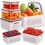 JSCARES 4-Pack Fruit Storage Containers for Fridge with Removable Colanders, 4 in 1 Plastic Fresh Saver Containers BPA Free with Lid for Salad Berry Lettuce Vegetables Meat Keeper (4 Pack)