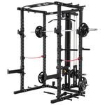 ALTAS STRENGTH Home Gym Smith Machine with Pulley System Gym Squat Rack Pull Up Bar Upper Body Strength Training Leg Developer Commercial Fitness Equipment Included Accessories 3028