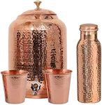 Hand Crunch Pure copper drinkware water dispenser - 8L- hammered finish- Pot ayurveda health healing 8 Liter storage capacity water container tank with 2 matching tumbler glasses & 1 copper Bottle