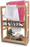 2 Tier Towel Rack for Bathroom - Besuerte Freestanding Towel Rack for Bathroom, Wooden Bath Towel Rack, Blanket Rack Stand for Living Room, 31.5" H Towel Drying Rack Holder with Black Towels Letters