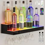 YITAHOME LED Light Liquor Bottle Display Shelf, 2-Tier 24-inch Bar Shelves for Liquor Bottles Wall Mounted Acrylic Liquor Shelf with Wine Holder Slots, Remote & App Control for Home Commercial Bar