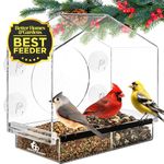 Deluxe Clear Window Bird Feeder, Large Wild Birdfeeder with Drain Holes, Removable Tray, Super Strong Suction Cups, Transparent Viewing, Covered, High Seed Capacity, Rubber Perch