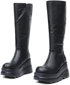 CELNEPHO Womens High Platform Mid Calf Wedges Chunky High Heel Round-Toe Side Zip Fanshion Combat Boots For Women