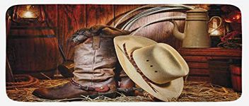 Ambesonne Western Kitchen Mat, American West Rodeo Elements with Antique Supplies Retro Artwork Photo, Plush Decorative Kitchen Mat with Non Slip Backing, 47" X 19", Brown Beige