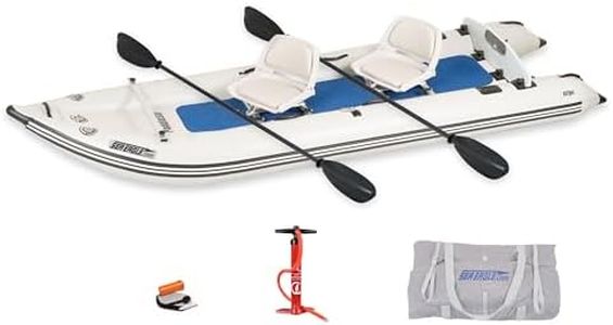 Sea Eagle 437ps PaddleSki Inflatable 1-2 Person Catamaran Boat – Paddle, Motor, Fish, or Sail – 4-in-1 Inflatable Watercraft – Self Bailing (437ps PaddleSki Swivel Seat Package)