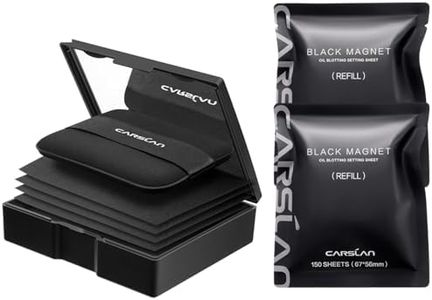 CARSLAN Makeup Blotting Paper with Powder, Black Magnet Blotting Sheet for Oily & Combination Skin, Portable Compact with Puff & Mirror, Keeps Makeup Fresh All Day, 450 Sheets + 8 Refill Adhesive Pads