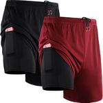 Cadmus Men's 2 in 1 Running Shorts with Liner,Dry Fit Workout Shorts with Pockets,1070,2 Pack,Black/Red,XL