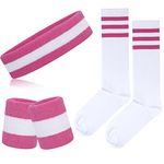 ONUPGO 5 Pieces Sweatbands Striped Socks Set Sports Headband Wristbands High Tube Socks 80s Accessories Costumes, Striped Pink/White/Pink