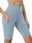 ODODOS 10" Tummy Control Yoga Shorts for Women with Pockets High Waist Athletic Workout Biker Shorts, Chambray, XX-Large
