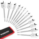 WORKPRO 13-Piece Spade Drill Bit Set in SAE, Paddle Flat Bits for Woodworking, Nylon Storage Pouch Included