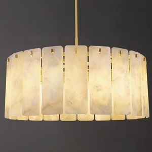 36 Inch Alabaster Chandelier, Modern Natural Stone Round Pendant Light, Real Alabaster Stone Fixture with Gold Finish for Dining Room Living Room High Ceiling, Adjustable Chain, E12 Bulbs Included