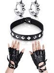 Hicarer Women Punk Rivets Belt PU Leather Half Finger Gloves with Rivets Choker Earrings, Black, One Size