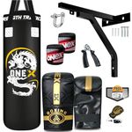 ONEX 3ft Punch Bag Set Heavy Filled Boxing Training Punching Gloves Fighting Hanging 13pcs Bracket set (Black)