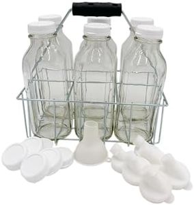 The Dairy Shoppe Heavy Glass Milk Bottles - Extra Lids, Silicone Pour Spouts, Silicone Funnel - Clear Milk Containers - Reusable - Wire Carrier - Made in USA (Liter 6 Cell Carrier Combo)