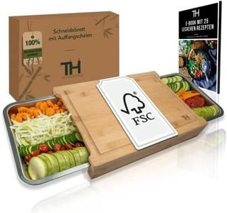 Thiru Tabla de cortar con bandeja colectora – Premium XXL bambú – 100% antideslizante – Note muy bueno – 2 bandejas de acero inoxidable con 7,5 L de volumen
