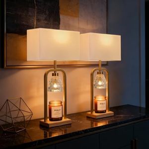 PoKat Electric Candle Warmer Lamps Gold, Lamp Candle Warmers with Timer Dimmer, Wax Light Warming Table Lamps Set of 2 for Jar Candles, Modern Bedside Lamp for Home Decor Living Room, Bulb Included